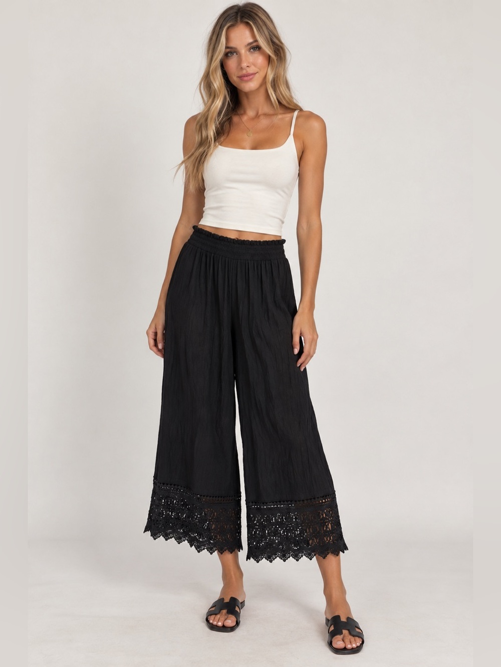 American Eagle Outfitters Black Wide-Leg Cropped Pants with Lace Trim